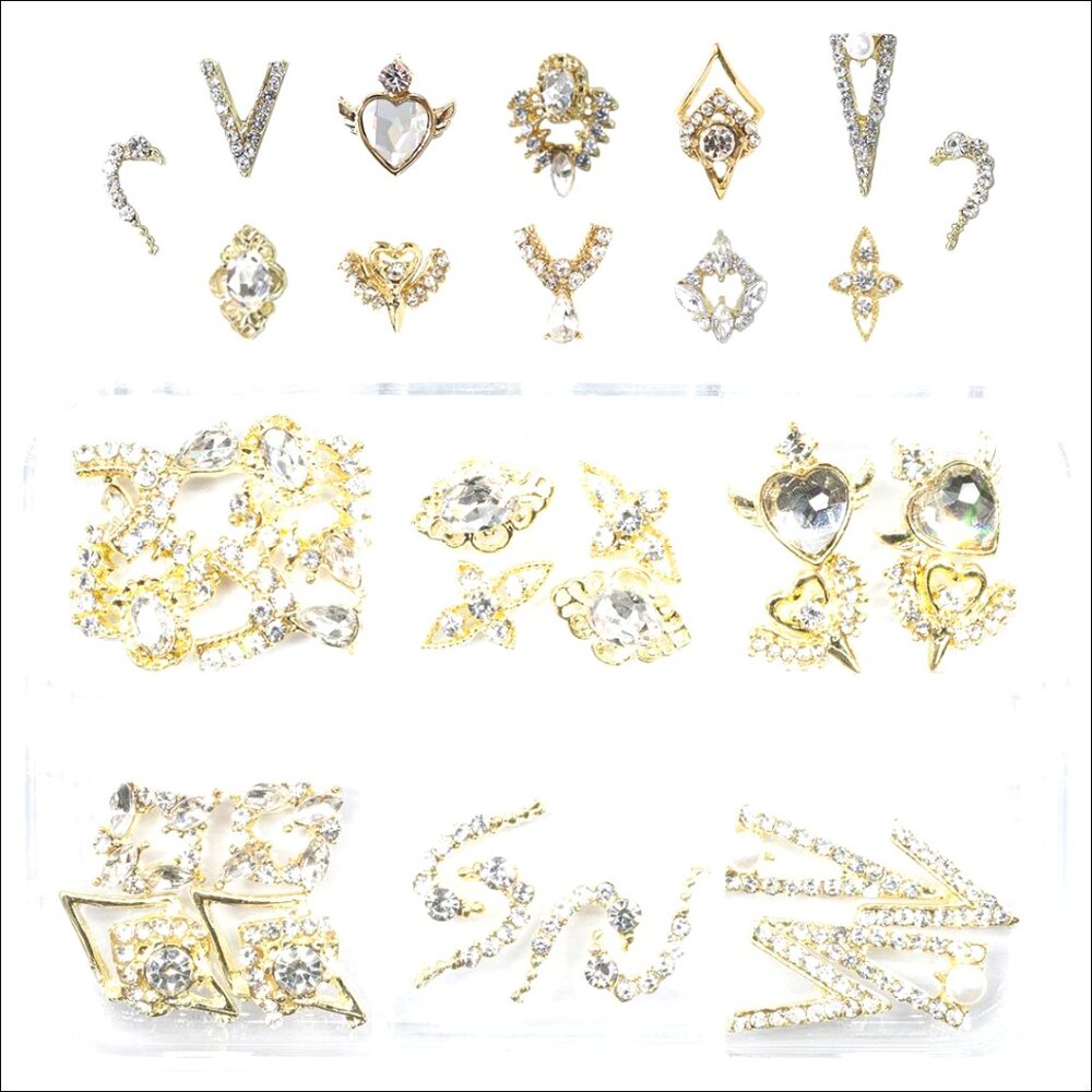 12 Pair 3D Alloy Gold Nail Art Rhinestones Heart Charms Decor Crafts